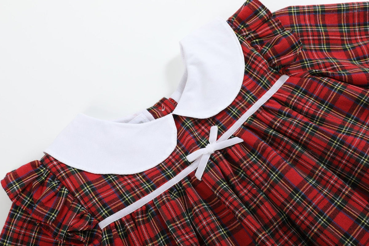 Red Christmas Plaid Colllared Ruffle Dress