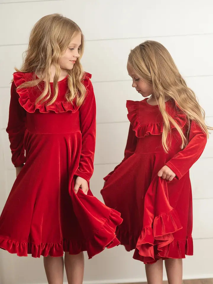 Kids Velvet Ruffle Fancy Winter Girls Christmas Holiday Dress Multiple colors